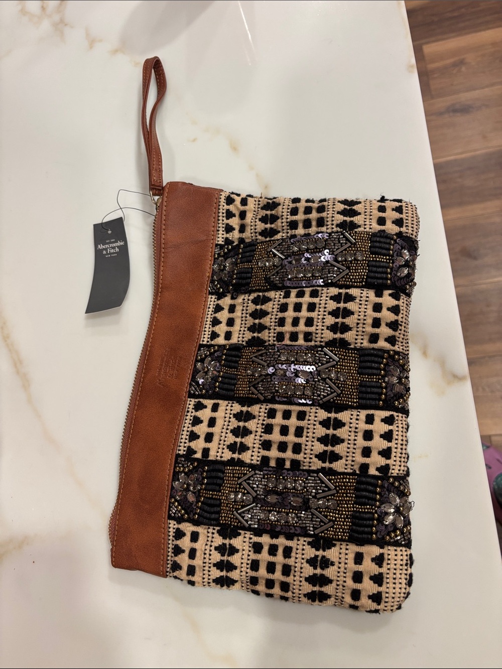 Abercrombie & Fitch Tan Leather-Trimmed Beaded Clutch with Black Embroidery